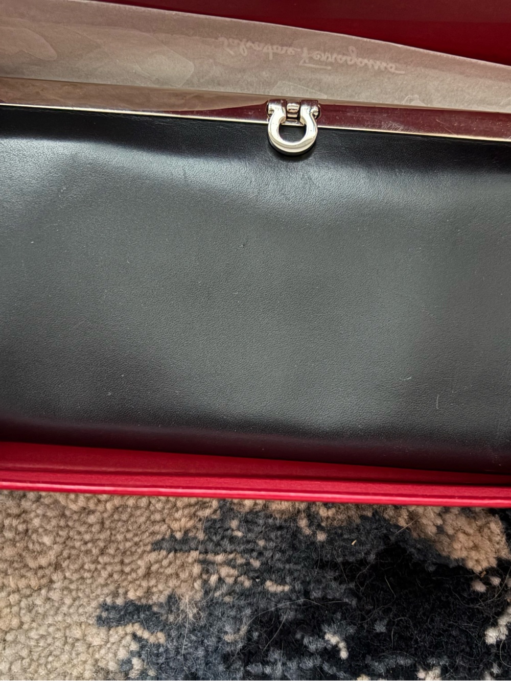 Salvatore Ferragamo Black Leather Clutch with Silver-Tone Gancini